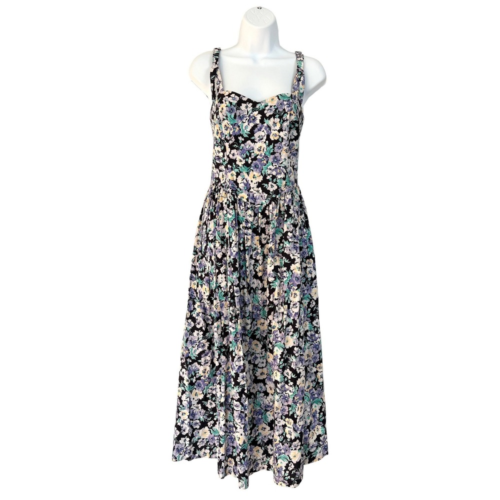 vintage‎ Laura Ashley floral midi dress 80s crisscross sweetheart summer garden
